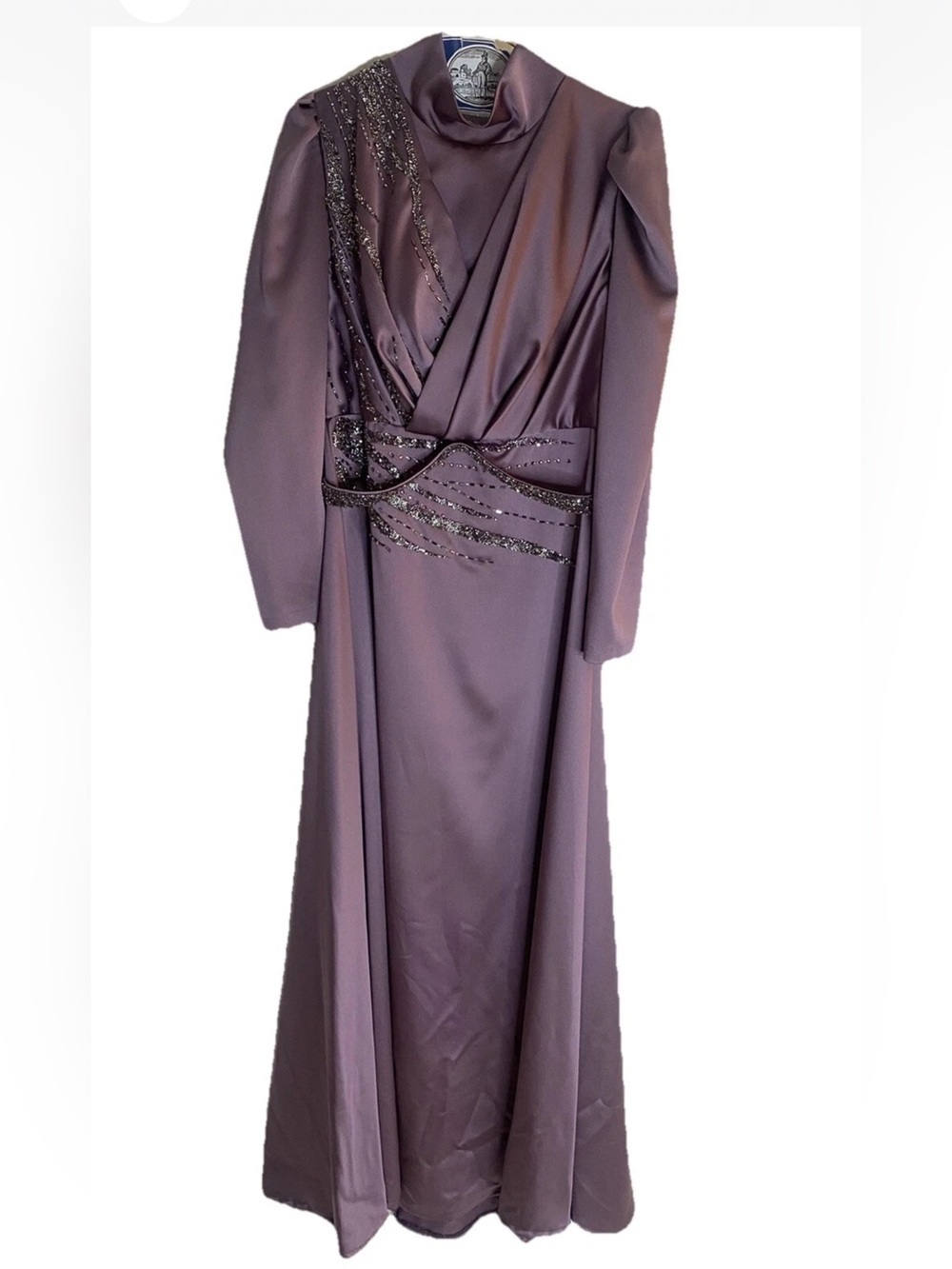 Mauve Purple Satin Modest Evening Dress - Beaded Maxi Gown - Hijab Friendly Prom